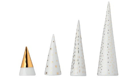 4 petits sapins porcelaine pointus  dorés ou argentés RAD